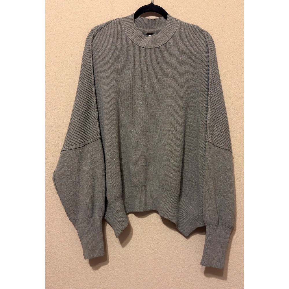 Free People Oversized Ribbed Knit Mock Neck Sweater Grey Cotton Boxy M/L?